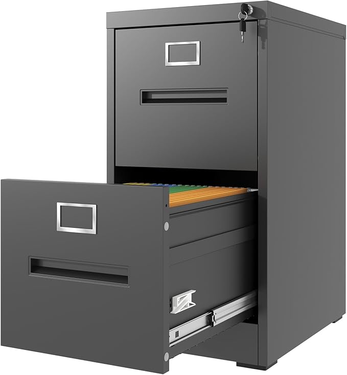 2 Drawer File Cabinet with Lock Metal Vertical Filing Cabinets Office Home A4 Legal/Letter Size Narrow File Cabinets LockedAssembly RequiredBlack