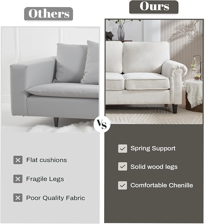 Kingfun 3 Seater Couch Mid Century Modern Sofa with Rolled Arms and Deep Seats Fluffy Comfort for Living Room Apartment Easy Assembly Beige