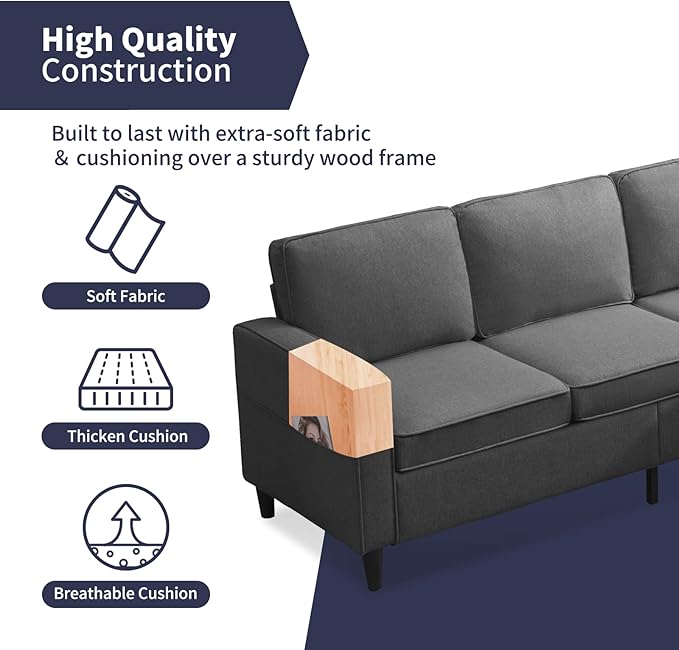 3 Pieces Living Room Sofa Set Linen Couch and Loveseat &amp Chair Sets with Ottoman &amp Armchair Modular Sectional Sofa Couch Furniture Set Wood Legs Sofas Couches for Living Room - Dark Grey