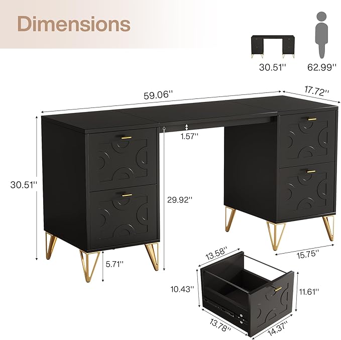 Tribesigns 59-Inch Black Executive Computer Desk with 4 File Drawers Storage Modern Writing Table Luxury Desk with Gold Legs for Home Office