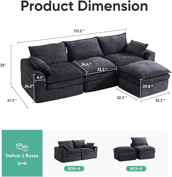 113 Cloud Sectional Boneless Couch for Living Room Modern Modular Sectional Sofa Deep Seat with Ottoman Oversized Comfy Sectional Couches L Shaped Cloud Couch with Side PocketsBlack