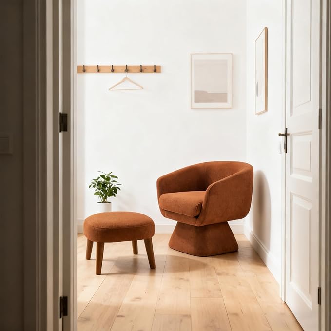 Swivel Barrel Chair and Ottoman Set 360 Degree Club Chair Comfy Boucle Armchair and Footstool Upholstered Accent Sofa Chair w/Footrest for Living Room Bedroom Reception Room Orange
