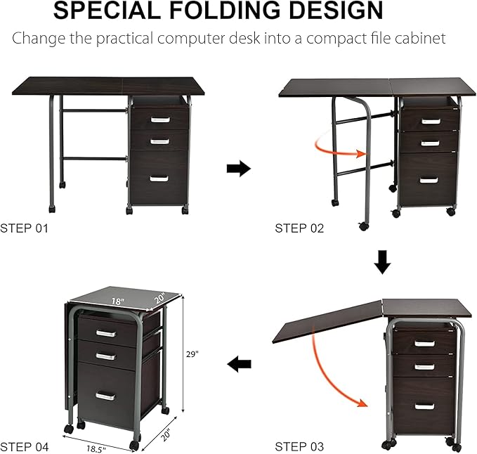GRAFFY Computer Desk Small Laptop Work Desk w/Folding Table top &amp 3 Storage Drawers Collapsible Desk w/6 Wheels Writing Workstation Laptop Table for Home Office Brown (Brown)