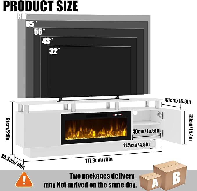 70 Modern Fireplace TV Stand with 36 Electric Fireplace for TVs Up to 80 inch Luxury LED Light Entertainment Center with High Gloss Cabinet TV Consoles for Living Room White