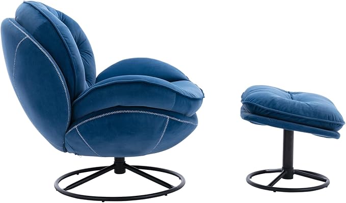 Modern Swivel Accent Chair with Ottoman Velvet Lounge Chair with Footrest and Metal Base Comfy 360 Degree Swiveling Armchair Single Sofa Chair for Living Room Bedroom Blue