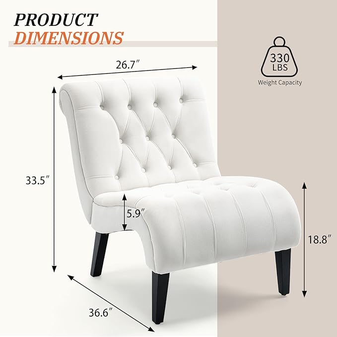 AVAWING Armless Accent Chair Set of 2 Upholstered Button Tufted Living Room Chairs with Wood Legs Comfy Frosted Velvet Lounge Chair Reading Chair for Bedroom Cream White