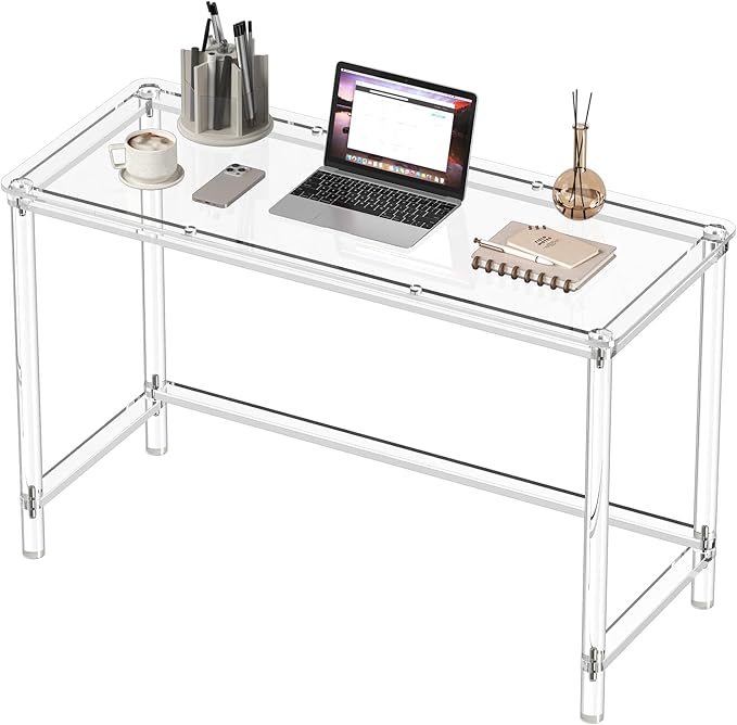 HMYHUM Acrylic Computer Desk 47 Inch Clear Home Office Desk for Laptop Study Writing Vanity Table with Cylindrical Legs Modern Easy Assembly
