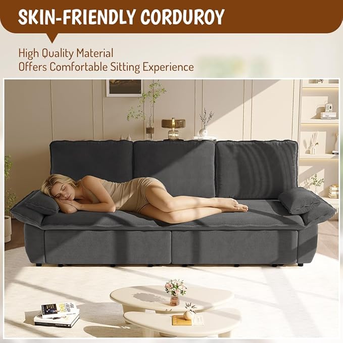 94.5‘’ King Size Sleeper Sofa Bed 3-in-1 Corduroy 3-Seater Sofabed Pull-Out Couch Upholstered Cloud Pullout Futon Space Saving for Living Room Gray