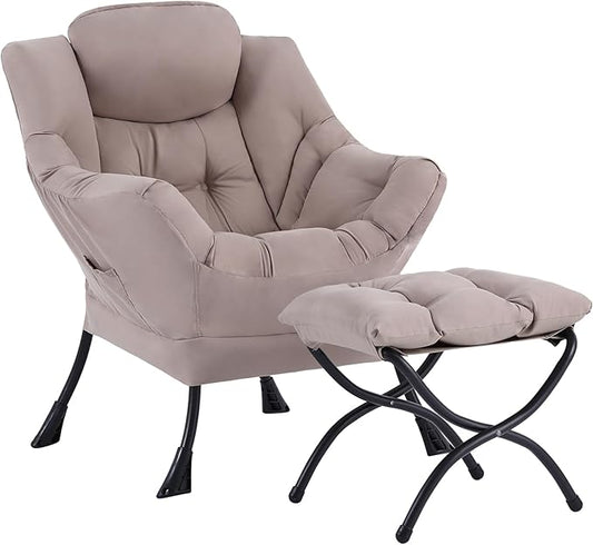 Welnow Lazy Chair with Ottoman Modern Reading Accent Chair with Armrests and a Side Pocket Leisure Upholstered Lazy Sofa Set with Footrest for Small Space Khaki