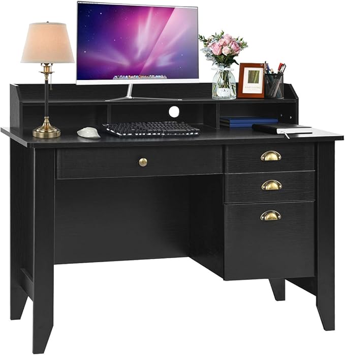 Catrimown Computer Desk with Drawers and Hutch Vintage Wood Home Office Desk Writing Study Teens Student Desk PC Laptop Table for Small Spaces Black
