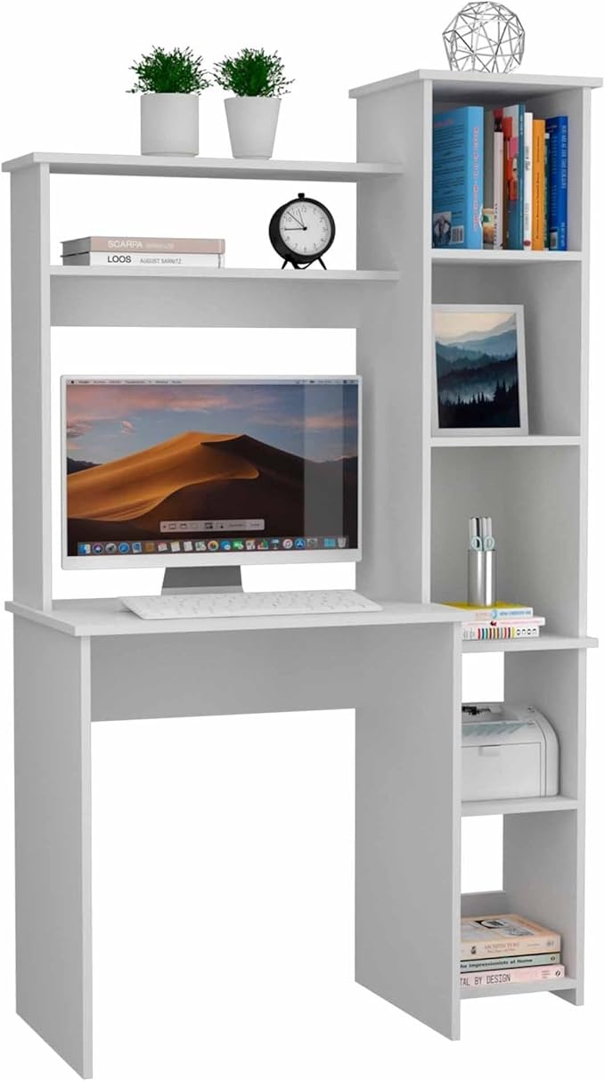 Penau Nashville Writing Desk with Six Shelves Contemporary Style Computer Desk White Finish Ample Storage Space for Home Office