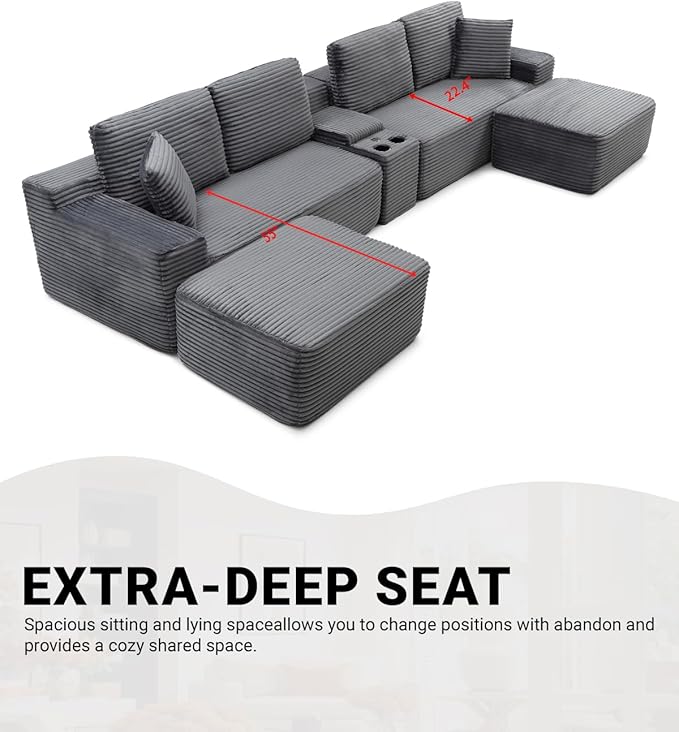 150 Oversized Modular Sectional Sofa Deep Seat Cloud L-Shape Corduroy Couch with Cup Holders USB Ports Wireless Charging &amp Storage Box Upholstered Modular Sleeper Sofa for Living Room (Grey)
