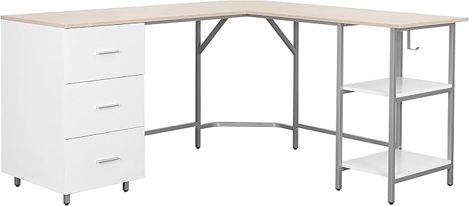 Techni Mobili L Shaped Desk - Two-Toned Computer Desk with Drawers &amp Storage Shelves - Simple Modern Furniture &amp Home Office Space Corner Table for Work &amp Writing