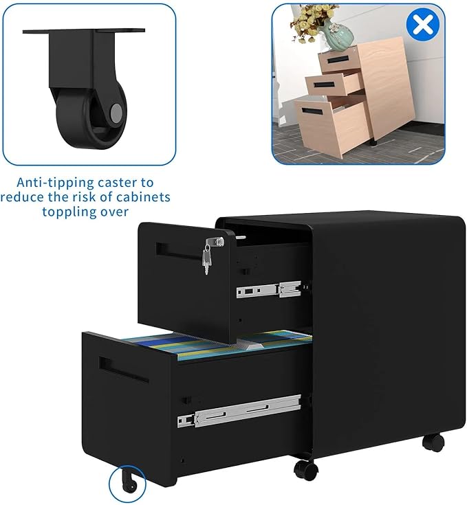 Mobile File Cabinet 2 Drawers Rolling File Cabinet W/Lock Metal Mobile Filing Cabinet Under Desk