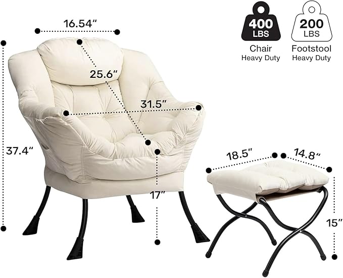 HollyHOME Lazy Chair with Foldable Ottoman Accent Comfy Lounge Armchair and Folding Footrest Stool Leisure Sofa Reading Chair and Footstool for Living Room Bedroom DormVelvet Beige