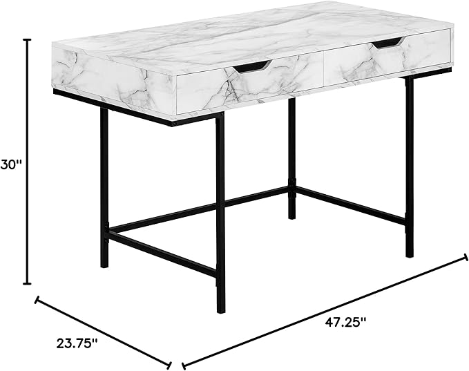 Monarch Specialties I 7558 Computer Desk Home Office Laptop Storage Drawers 48 L Work Metal Laminate White Marble Look Black Contemporary Modern