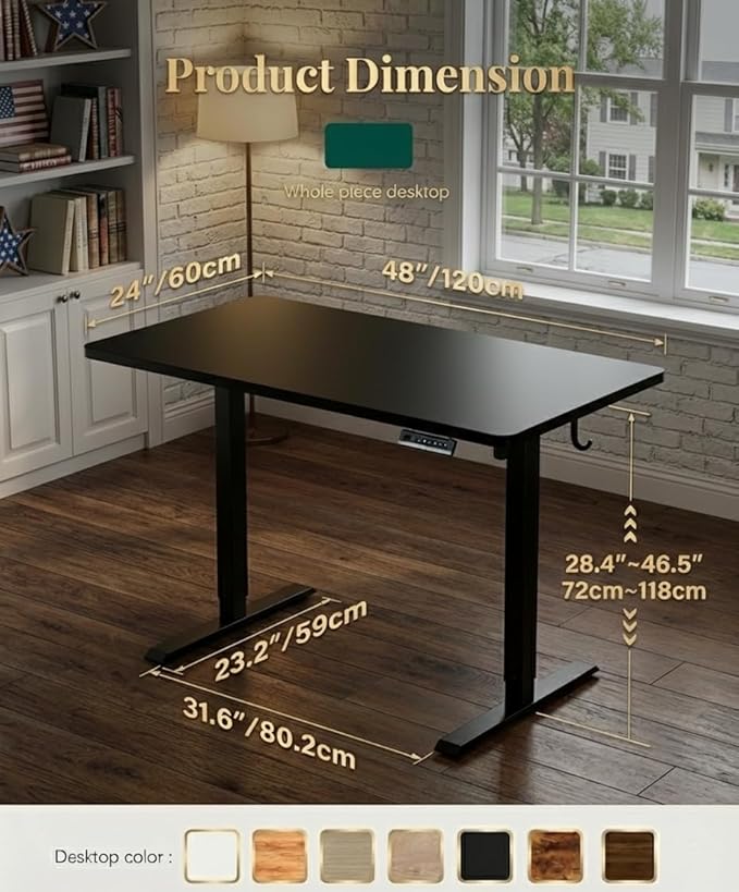 BANTI One-Piece Standing Desk Adjustable Height Stand up Home Office Desk 48x24 Inch Electric Standing Computer Desk with 4 Memory Presets Headphone Hook Black