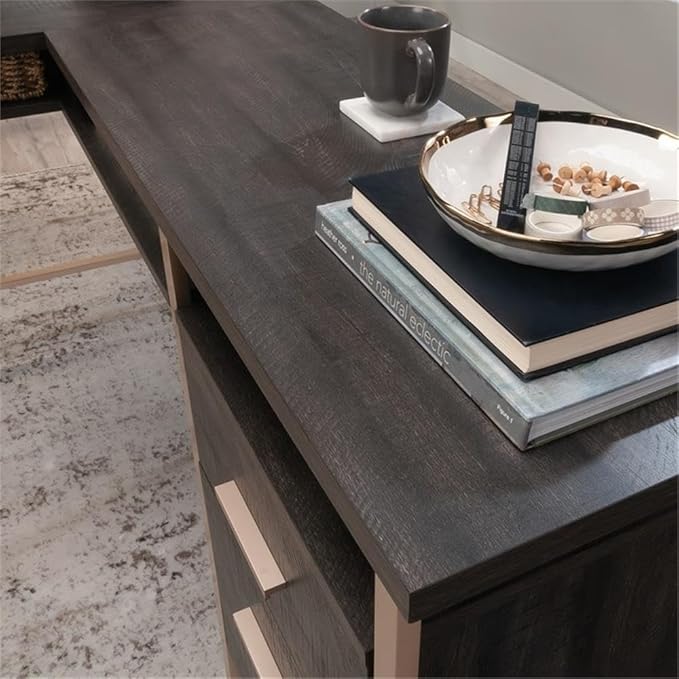 Pemberly Row L-Shaped Engineered Wood Desk Blade Walnut and Champagne Gold Finish 60 in Wide Work Surface Cord Management and Storage Drawers Modern Home Office Desk for Organizing Files