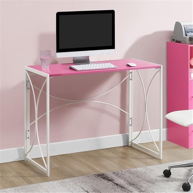 Pemberly Row Folding Desk 39.5 x 19.75 x 29.5 in Pink Wood Top White Metal Frame Space-Saving Design Lightweight Portable Desk for Home Office Dorm Room Compact Workspaces