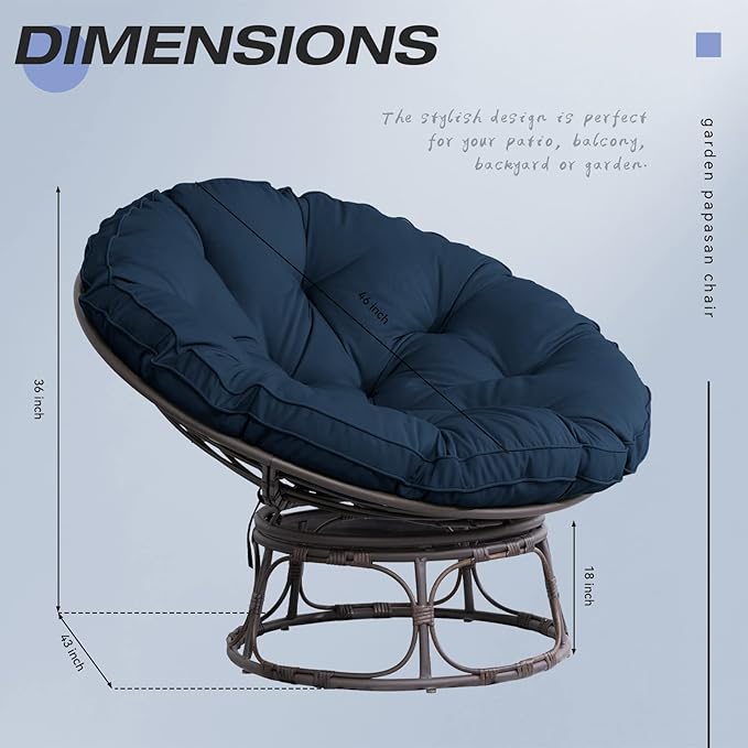 Joyside Papasan Chair with Cushion and Frame 46'' Wicker Papasan Lounge Chair Large Saucer Chair Brown Frame with Blue Cushion