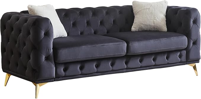 82.5'' Velvet Chesterfield Sofa Button Tufted Upholstered Sofa Couches with 2 Pillows Golden Metal Feets Removable Thick Cushions Comfy Chesterfield Couches for Living Room Apartment Black