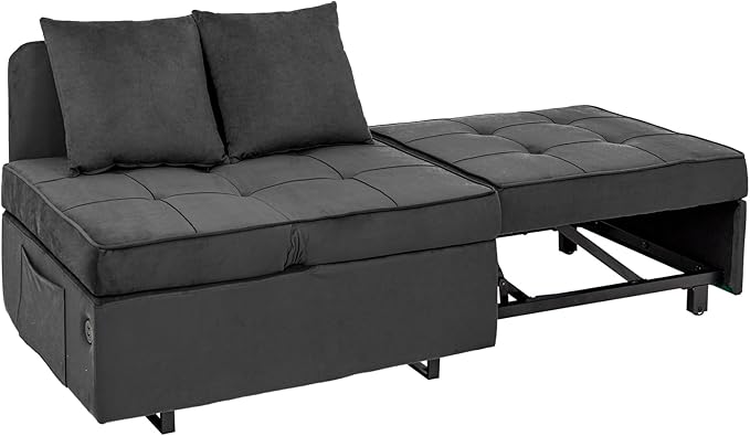 Sleeper Sofa Bed Convertible 4-in-1 Pull Out Couch with 5 Adjustable Backrest Modern Velvet Sofa with USB Ports &amp Storage Pocket (Includes Pillow) for Living Room BedroomApartment Dark Grey