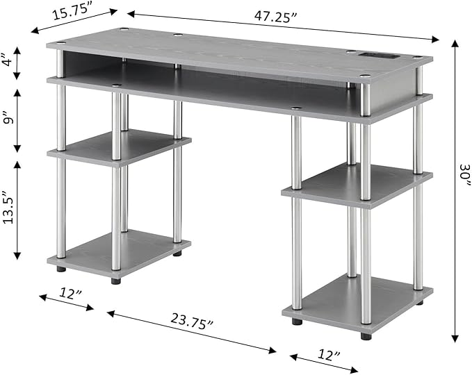 Convenience Concepts Designs2Go No Tools Student Desk with Charging Station and Shelves Gray
