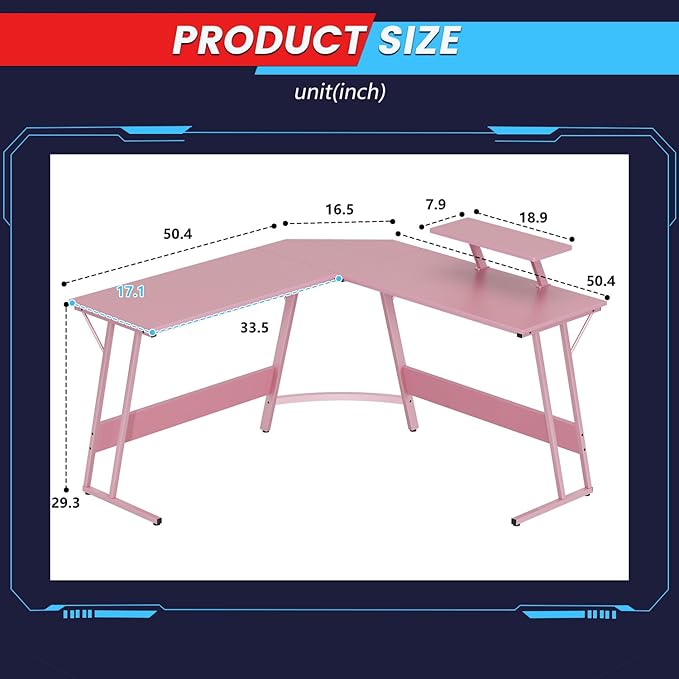 FDW L Shaped 51 Inch Gaming DeskCorner Computer DeskPC Gaming DeskWriting Workstation with Large Monitor Stand for Home OfficeSoft Pink