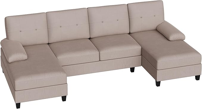 Shintenchi U-Shaped Sectional Couches for Living Room 4 Seat Sofa with Double Chaise LoungesSolid Wood Frame Sectional Sofa for ApartmentBeige