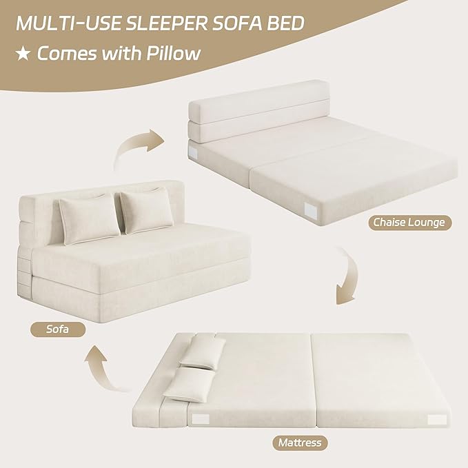 Luoxiao Folding Sofa Bed Foldable Full Lazy Floor Couch for Adults with Pillows Portable Convertible Futon Sleeper Chair for Small Space/Guest Room Washable Cover High-Density Foam Beige