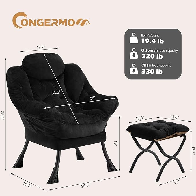 Lazy Chair with Folding OttomanLeisure Sofa ChairSoft Fabric Armchair with Armrests and Side Pockets Reading Chair with Footrest for Living Room Bedroom Office (Plush Black)