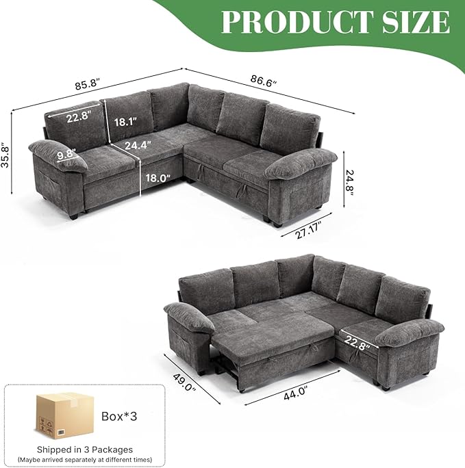 Modular Sectional Sofa with Pull Out Bed Sleeper Sofa L Shaped with Storage Sectional Couch for Living Room Convertible Sofa Bed with Removable Sofa Cover(5 Seats Grey)