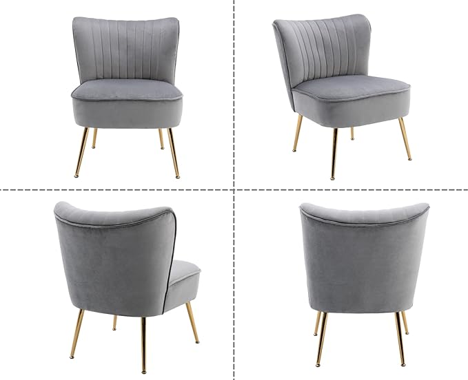 Grey Velvet Accent Chairs Set of 2 with Golden Legs Modern Upholstered Slipper Chairs Comfy Armless Wingback Side Chairs Corner Chair for Bedroom/Dining Room/Living Room/Office