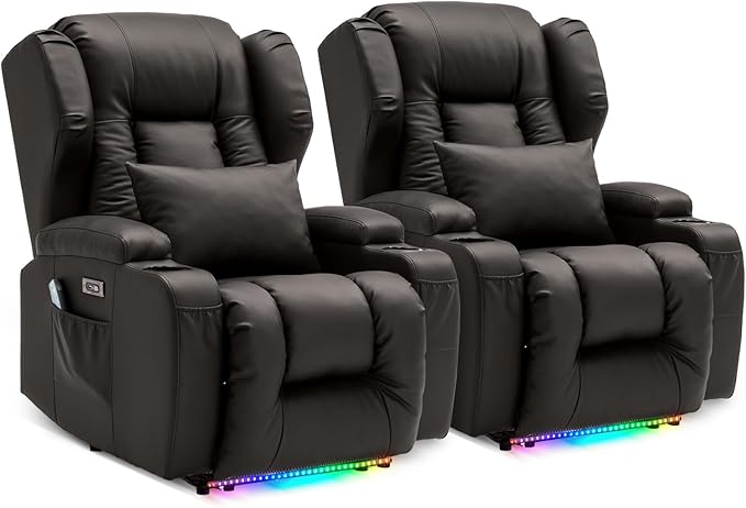 DRMBOOK Power Recliner Chair Electric Wall Hugger Reclining Sofa with Massage &amp Heat Overstuffed Theater Seating with LED/USB Port/Cup Holders for Living Room (Leather Brown 2 Chairs)
