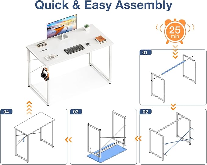 Casaottima 40 Inch Small Computer Desk for Home Office Study Writing Table for Small Spaces Simple Modern Desk with Headphone Hooks White