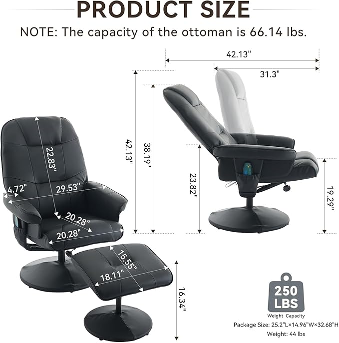 Ergonomic Recliner Chair with Ottoman for Adults 360° Swivel Massage Lounge Chair with 5-Point Vibration &amp Heated Seat140° Adjustable PU Leather Recliner for Living Room Office (Black+PU Leather