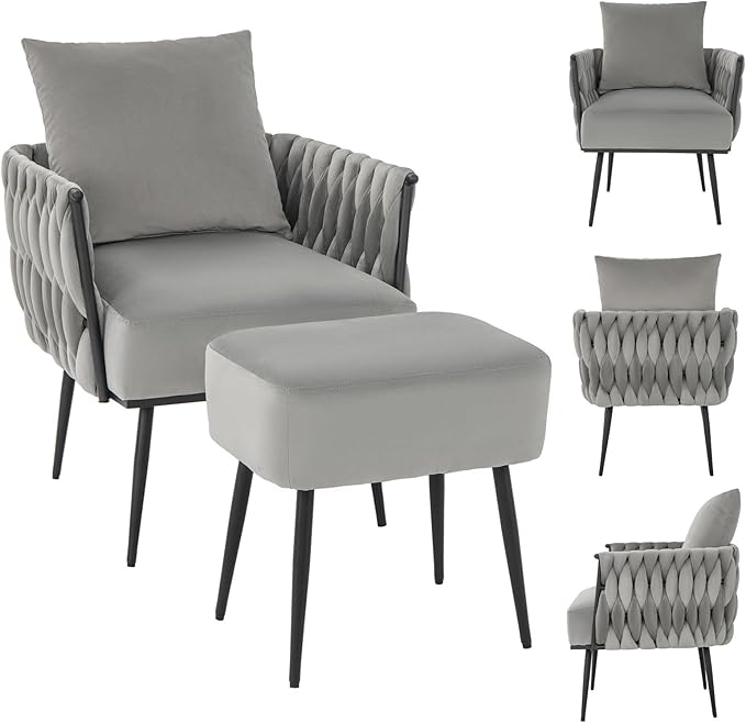 Giantex Velvet Accent Chair with Ottoman Modern Comfy Arm Chair w/Solid Metal Frame Pillow Max Load 330 Lbs Upholstered Single Sofa Chair w/Footrest Reading Chair for Bedroom Living Room Grey