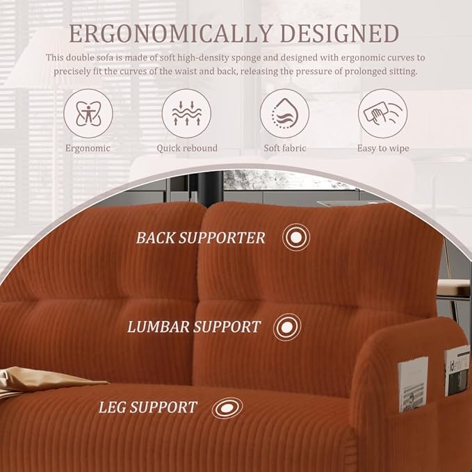 48 Small Loveseat Sofa for Small Space Corduroy Love Seat Couches with Black LegsComfy Couchs for Living Room Bedroom Apartment OfficeMid Century Modern Couch (Orange)
