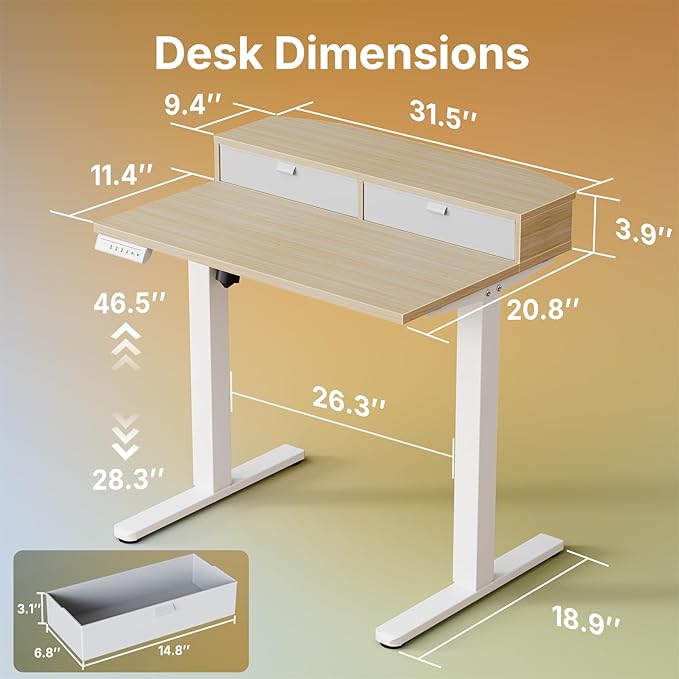 HUANUO 32 x 21 inch Small Electric Standing Desk with 2 Drawers C-Clamp Mount Compatible Height Adjustable Sit Stand Desk Home Office Stand Up Desk with 4 Memory Height Settings Light Walnut