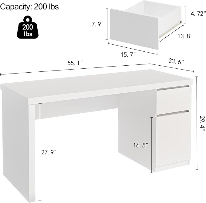 White Desk with Drawers 55 Inch Small Computer Desk with Storage Cute Home Office Desk for Study Vanity Gaming Modern Computer Desk for Bedroom and Office White