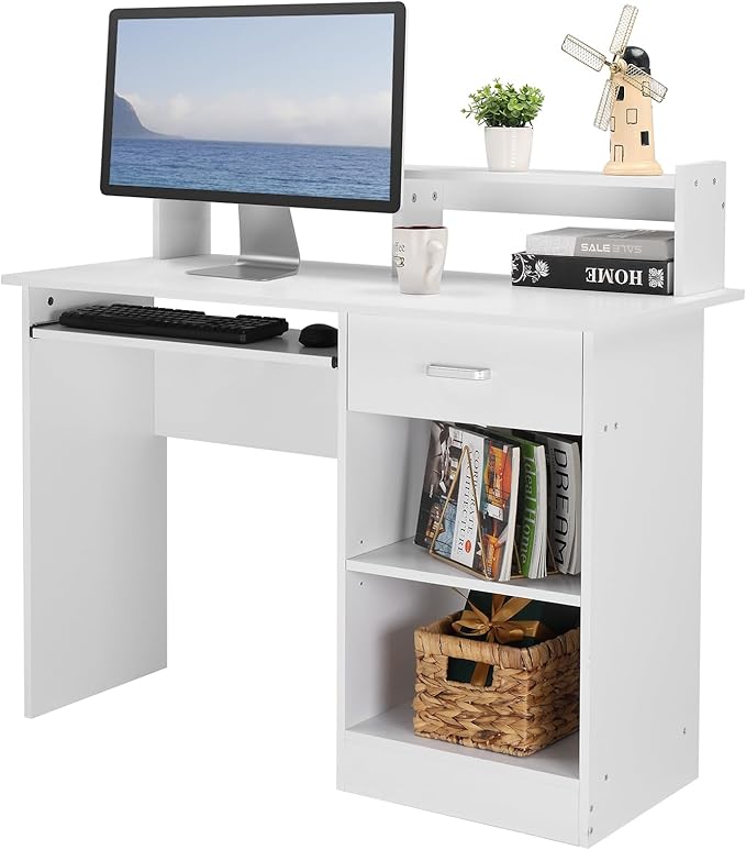 Zimtown MDF Computer Desk with Drawers Office Desk White Desk with Storage for PC Laptop Wood Home Office Desk with Keyboard Tray and Adjustable Shelf White