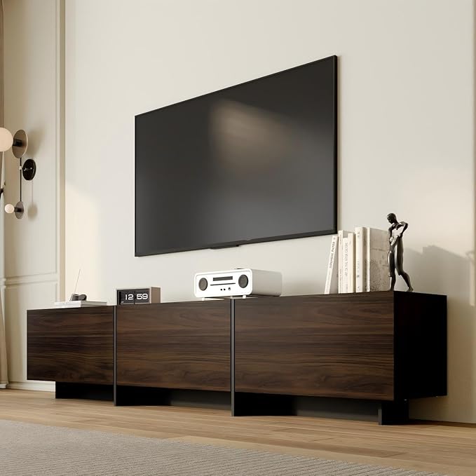 71.7 Inch TV Stand for TVs Up to 80 Modern Entertainment Center with 3 Compartments Flip Down Doors and T-Shape Legs Long Media Console Living Room Black Brown