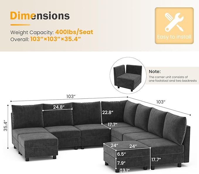 Apicizon Modular Sectional Couch 9 Seats U Shaped Couch with Storage Modern Chenille Sofa Set Comfy Couches with Chaise for Living Room OfficeDark Grey | Storage Modular Sectional