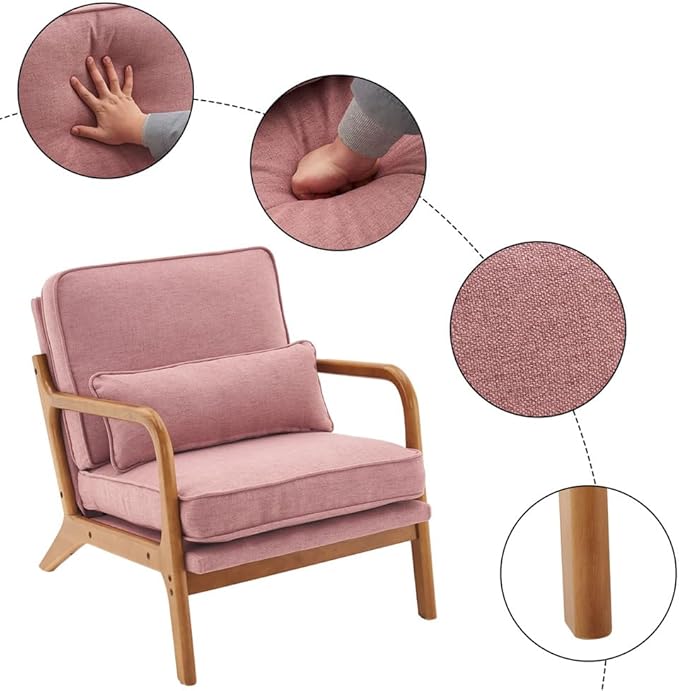Accent Chair Mid-Century Modern Upholstered Armchair with Lumbar Pillow Comfy Lounge Chair Reading Chair with Solid Wood Frame &amp Soft Cushion for Living Room Bedroom Balcony Pink