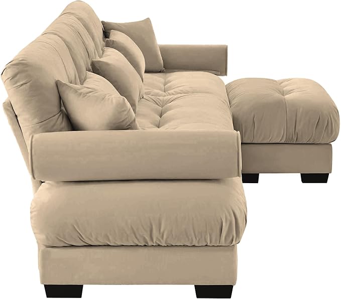 Velvet Modular Sectional Sofa3-Seater Cloud Couch with OttomanPillows and High Density Memory Foam for Living Room Home TheaterApartment（Camel）