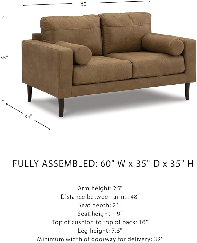 Signature Design by Ashley Telora Modern Faux Leather Loveseat with 2 Bolster Pillows Dark Brown