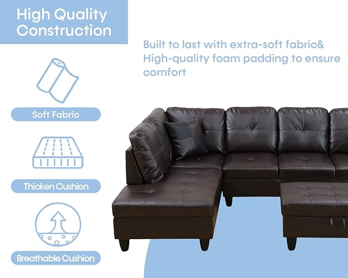 Sectional Couch for Living Room Furniture SetsBrown Leather Sectional Sofa L Shape Couch with Chaise and Storage Ottoman for Living Room/Apartment/Office（Facing Left Chaise）