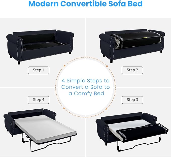 CECER Queen Size Pull Out Sofa Bed 2 in 1 Sleeper Sofa Convertible Couch Bed with Foldable Mattress Pull Out Couch Bed with Upholstered Nailhead for Living Room Apartment-Grey