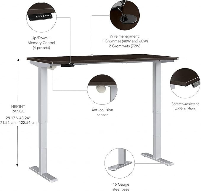Bush Business Furniture Move 40 Series 72W x 30D Electric Height Adjustable Standing Desk in Mocha Cherry with Silver Base Ergonomic Sit-Stand Computer Table for Home and Professional Office