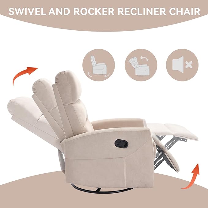 Swivel Rocking Recliner Chair Upholstered Glider Rocker with Adjustable Backrest and Footrest Modern Rocking Chair for Adults with 2 Pockets for Nursery Lounge Bedroom Living Room (Beige)
